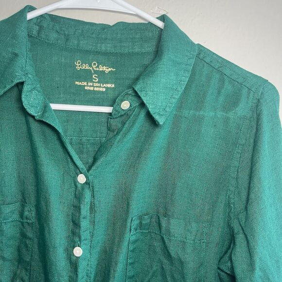 Lilly Pulitzer Sea View Woven Linen Point Collar Button Down Shirt Green Women S - Picture 4 of 6
